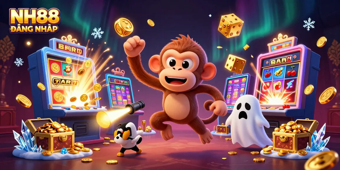 Experience NH88 ĐĂNG NHẬP through an exciting 3D illustration of a magical casino scene filled with treasures.