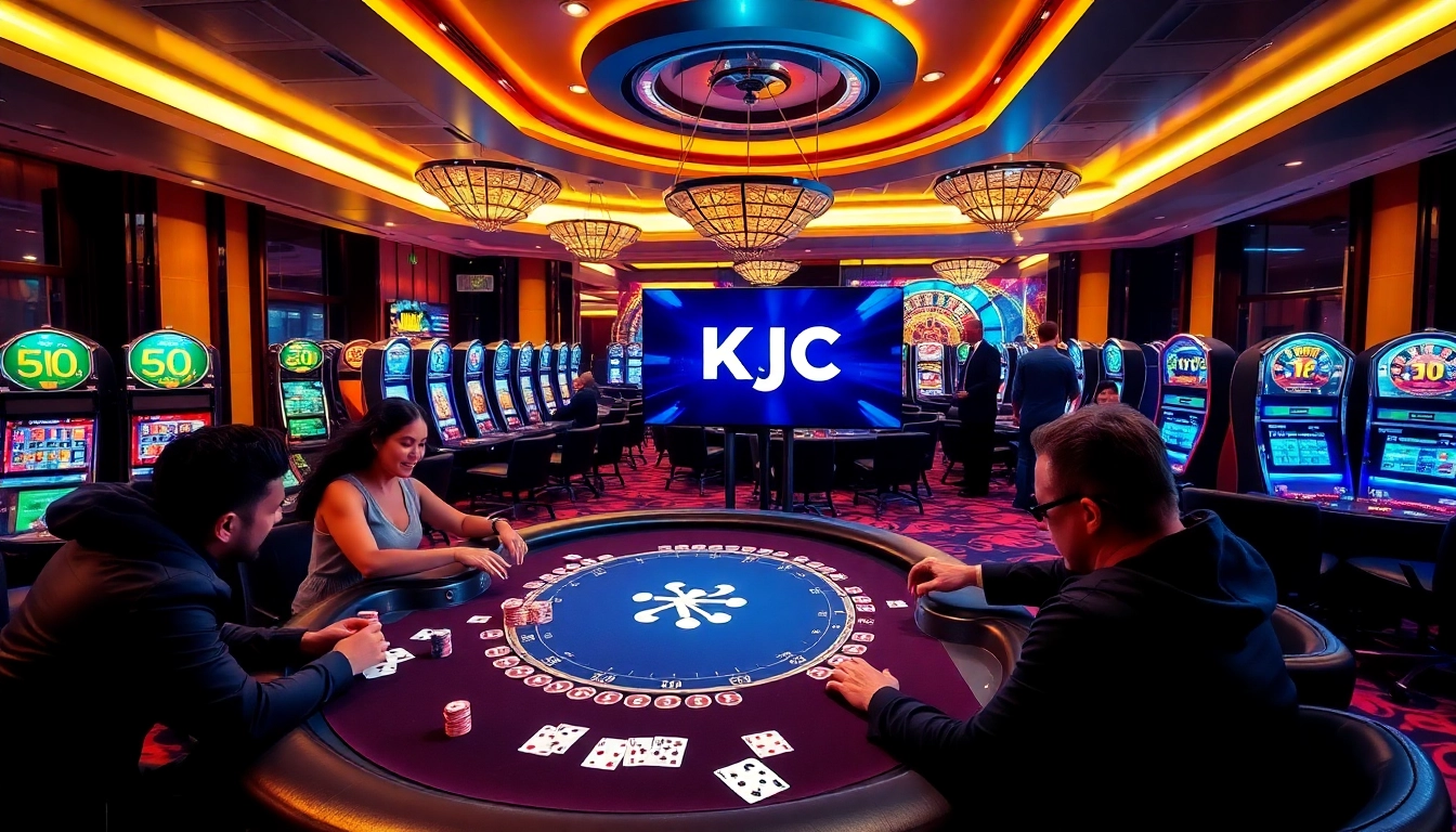 KJC casino scene featuring vibrant poker table action with excited players and colorful chips