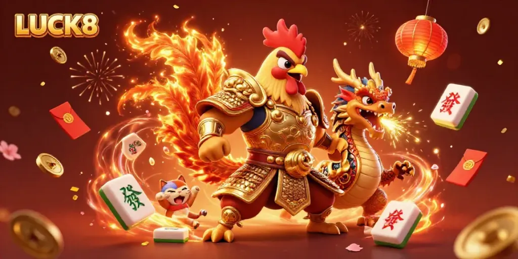 LUCK8 features a vibrant scene with a rooster warrior, dragon hatchling, and fortune cat among festive casino elements.