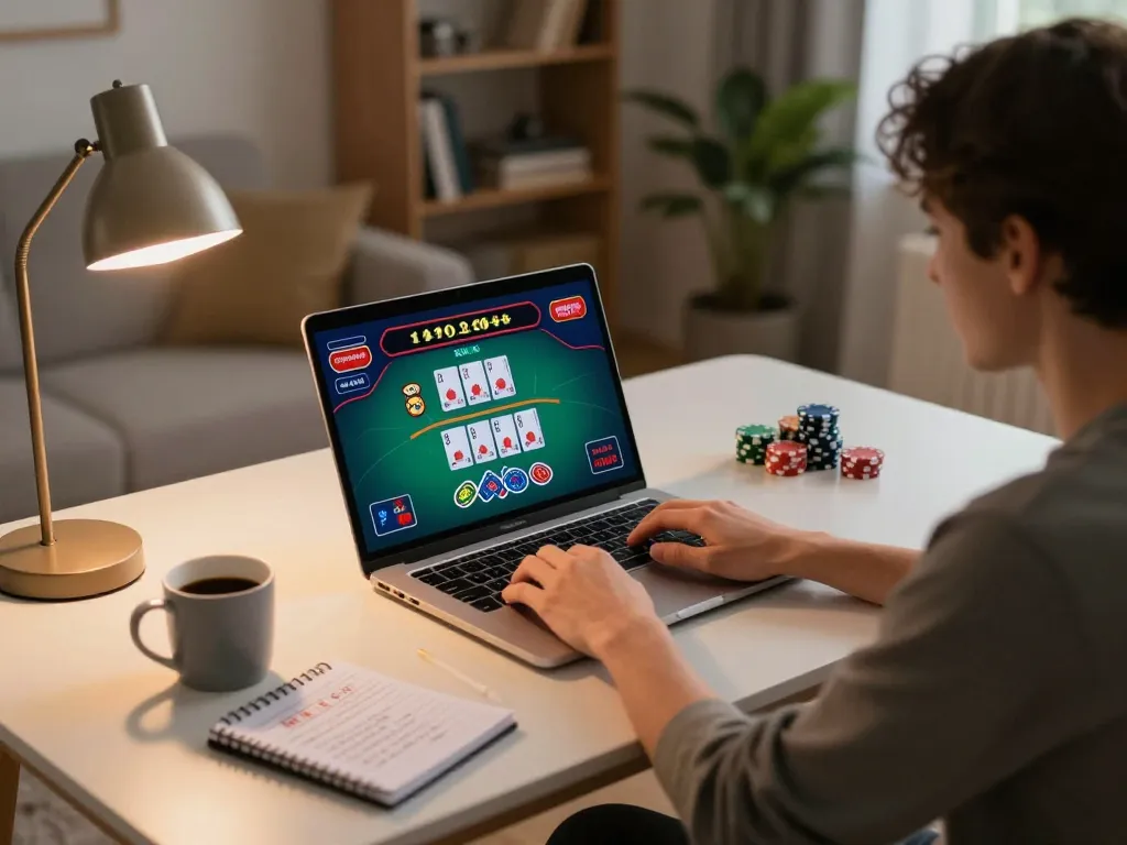 Player enjoying an online 123 Win blackjack game, showcasing a stylish home gaming setup.