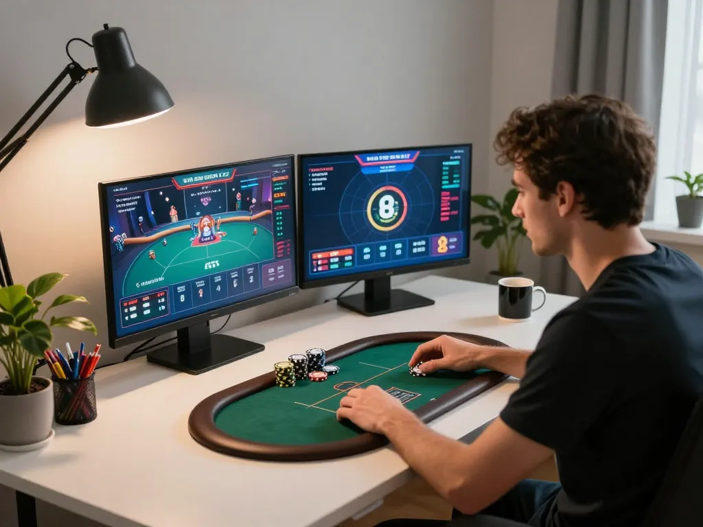 Engaging in online poker gameplay on a home desk showcasing 79KING COM.
