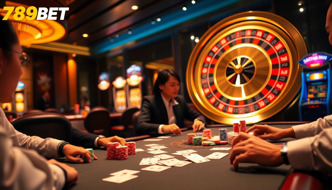Exciting casino scene with players at a poker table showcasing 789BET's vibrant gaming experience.