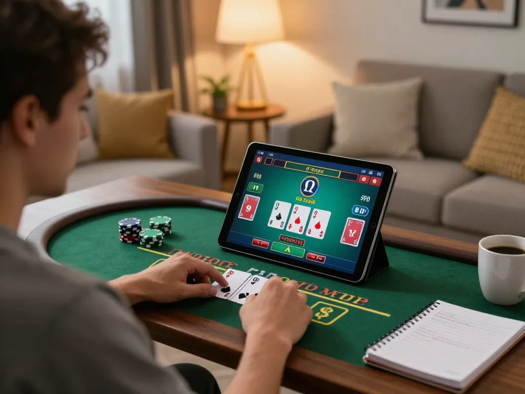 Player engaging with live dealer blackjack on tablet, emphasizing sky88 online gaming experience in comfortable living room.