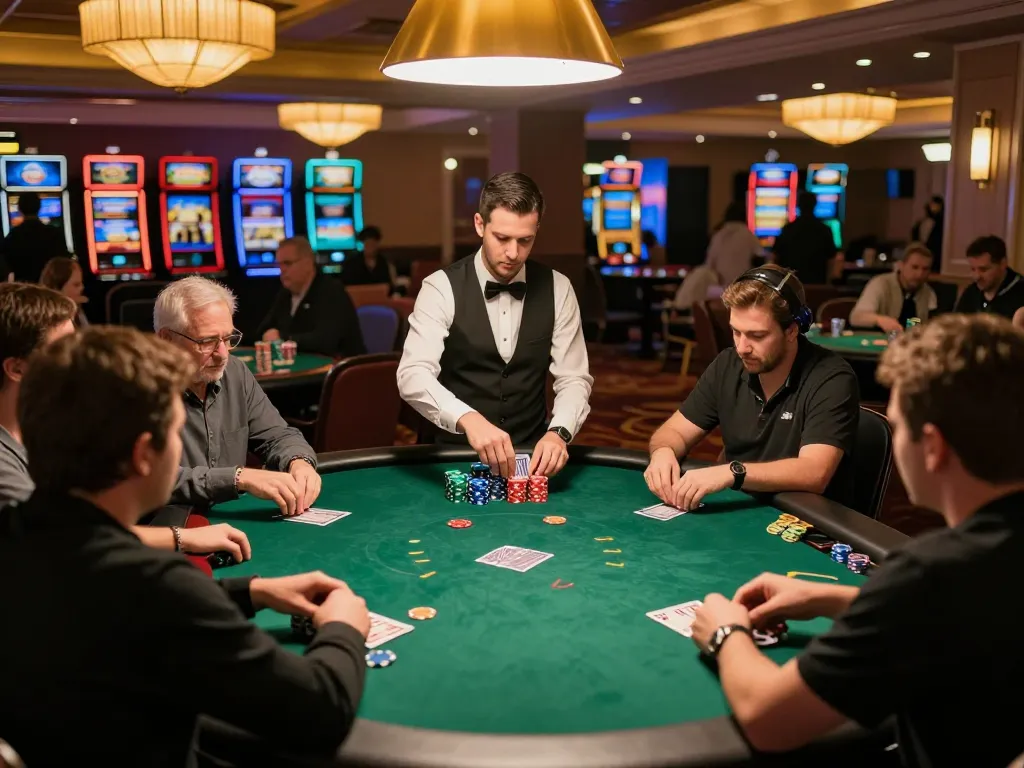 Tg88 poker players engaged in high-stakes action, focused on their hands with vibrant casino atmosphere