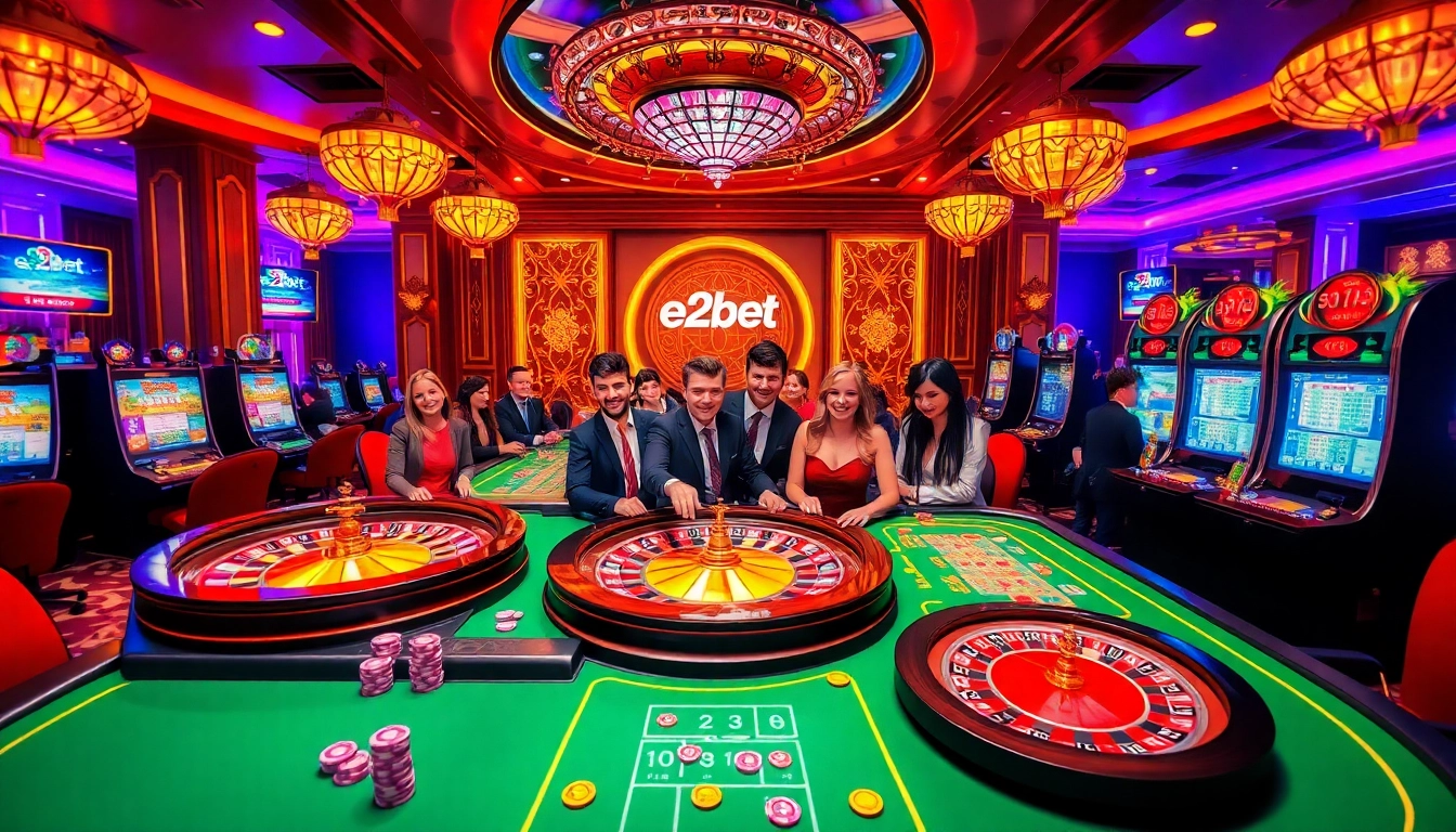 Exciting e2bet casino scene with players, colorful gaming tables, and luxurious decor.