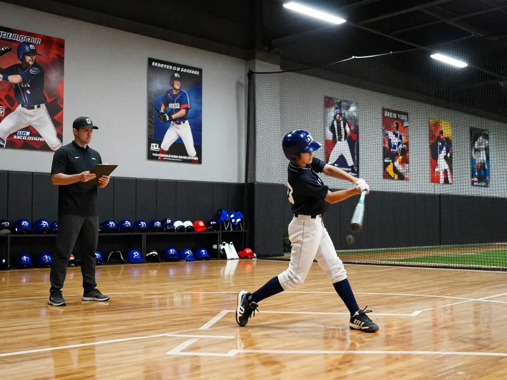 Young athlete training at hitclub baseball facility with coach and gear.