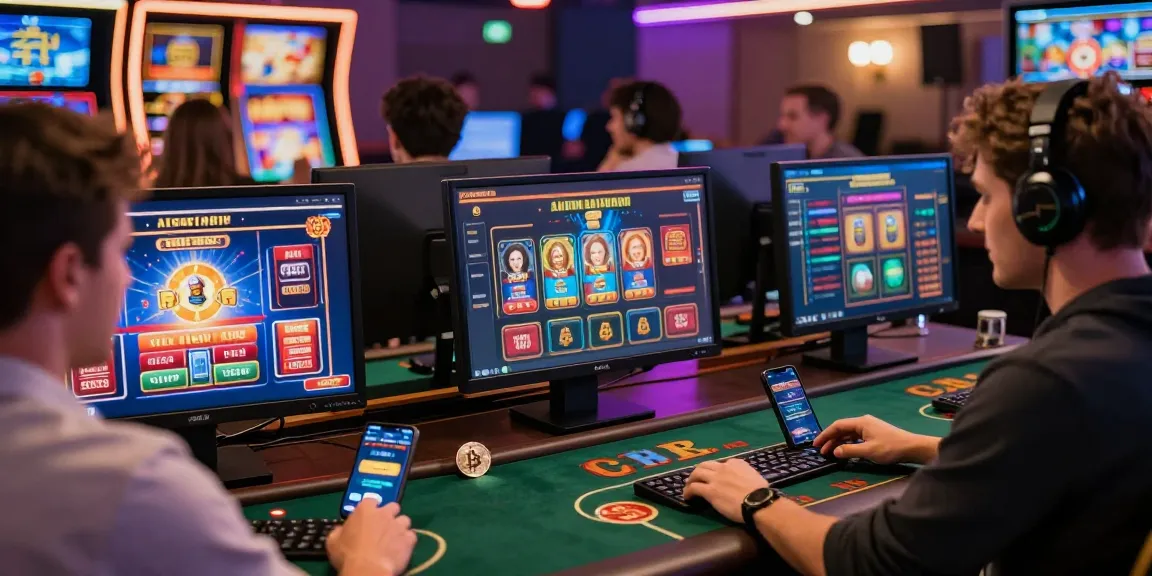Players enjoying games at casinos not registered on gamstop, modern online platform with vibrant graphics and payments.
