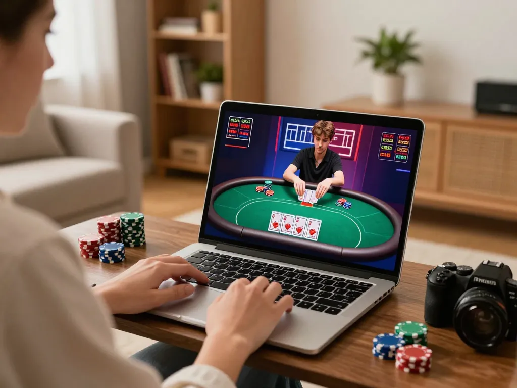 Engaged user playing poker at home on ee88 online casino platform.