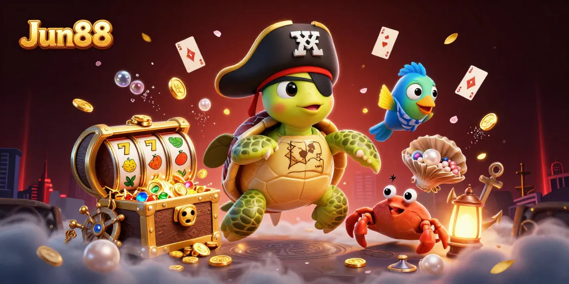 Engage in thrilling slots adventures at Jun88 with a cartoon pirate turtle and treasure motifs.