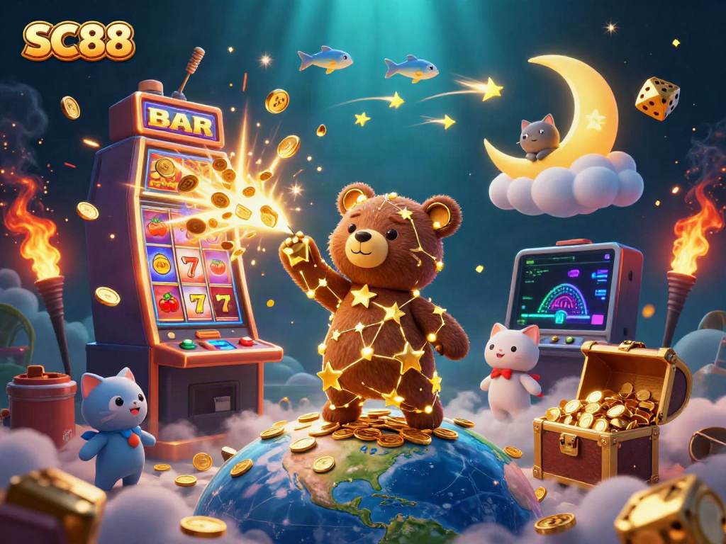 Experience the exciting adventures of SC88 with a vibrant casino-themed illustration featuring golden stars, coins, and dynamic game elements.