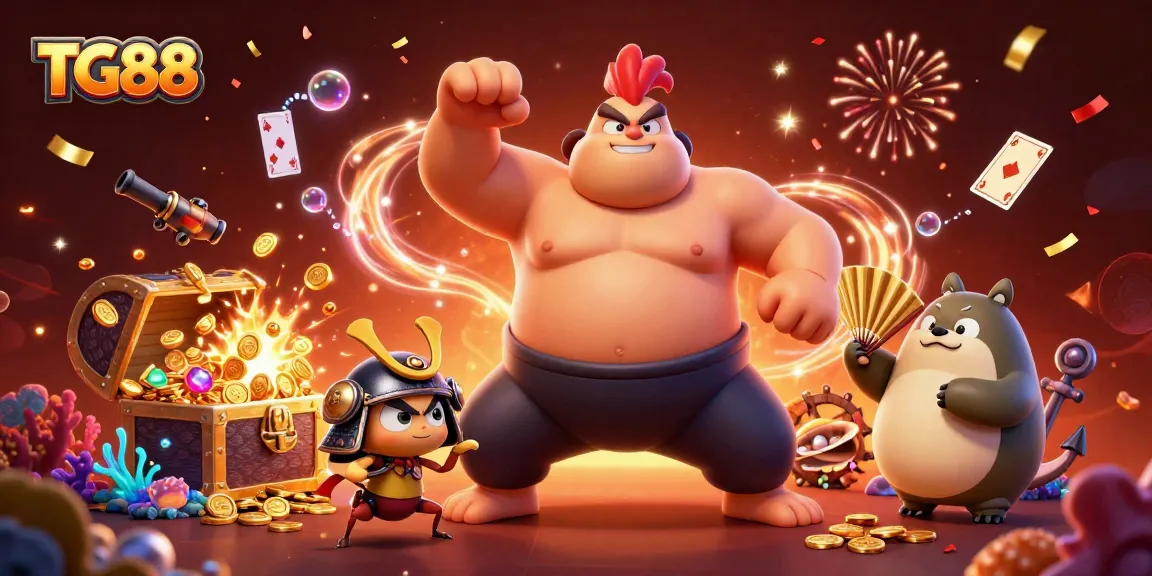 Experience thrilling action at TG88 with vibrant carnival scene of casino elements and energetic characters.