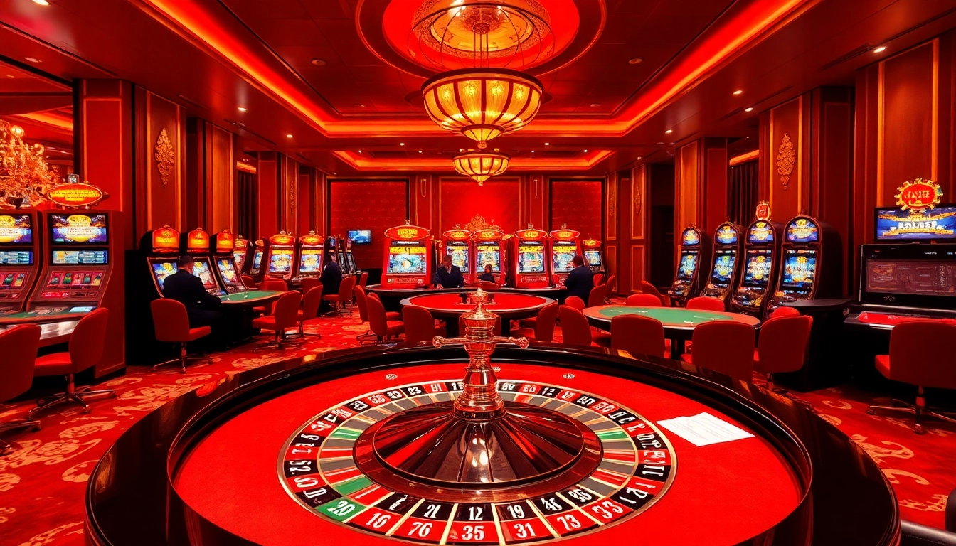 KJC casino atmosphere with vibrant roulette and poker tables, inviting gamblers for an exciting experience.