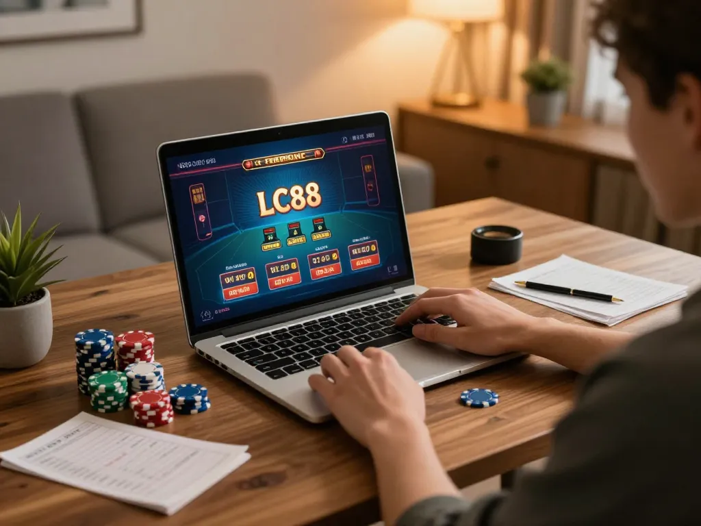 Player enjoying LC88 online gaming experience at home with laptop and gaming notes.