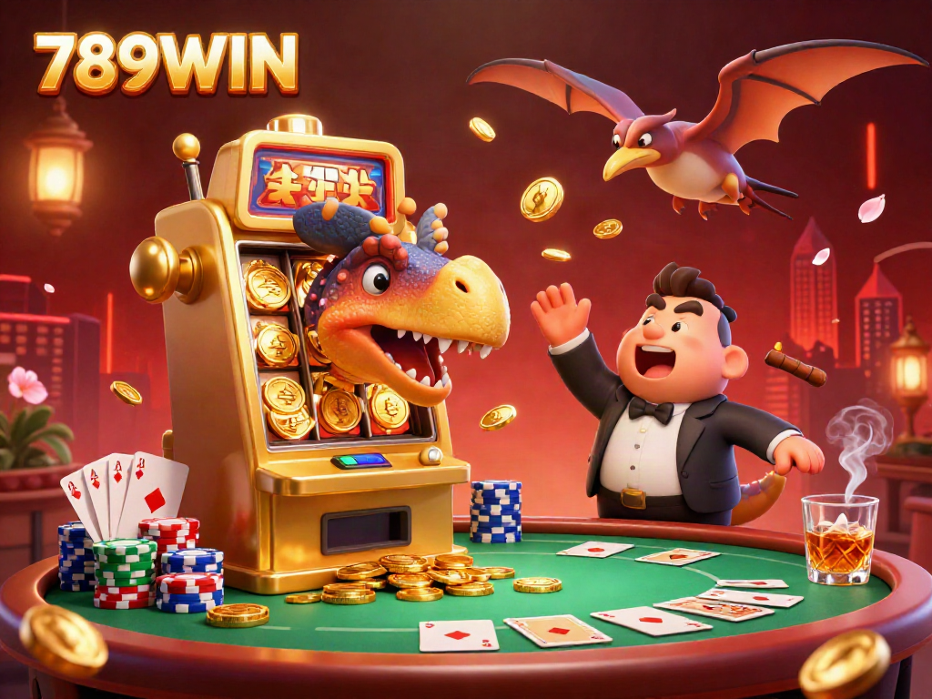 Witness the excitement at 789WIN as a pachycephalosaurus activates a golden slot machine, bringing forth a cascade of jackpot coins.