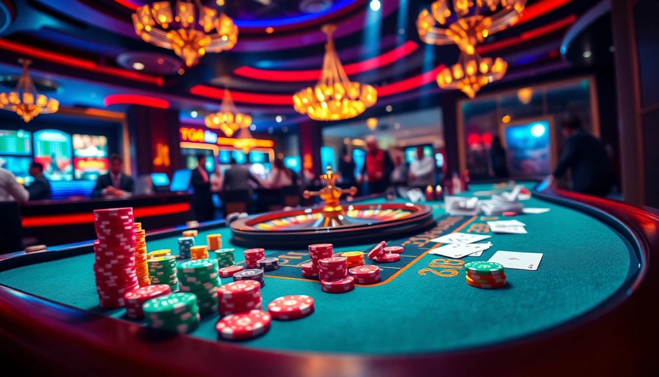 Gamblers enjoy a thrilling experience at the TG88 casino table featuring poker chips and cards.