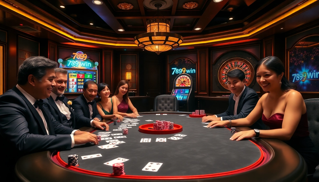 Players engaging in an exciting poker game at 789win casino, demonstrating thrilling casino action.