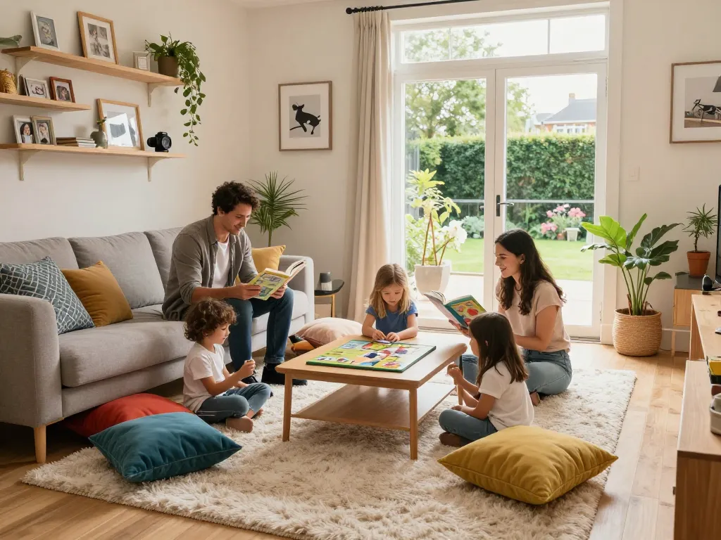 Family enjoying time on affordable carpets London in a cozy living room setting