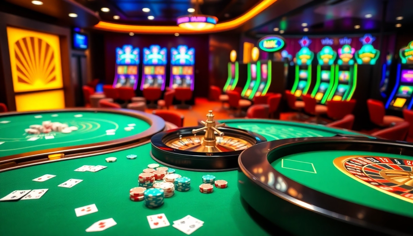 Experience the thrill of KP88 at an elite casino, showcasing vibrant gaming tables and colorful slots.