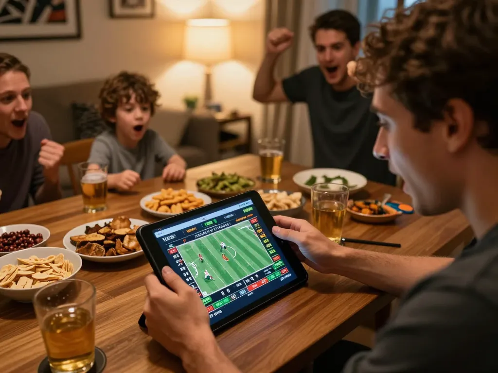 hb88 player placing bets on a sports event using a tablet, enjoying a lively home atmosphere.