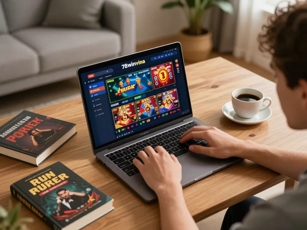 Engaged player explores exciting games on the 78winvina online casino platform at home.