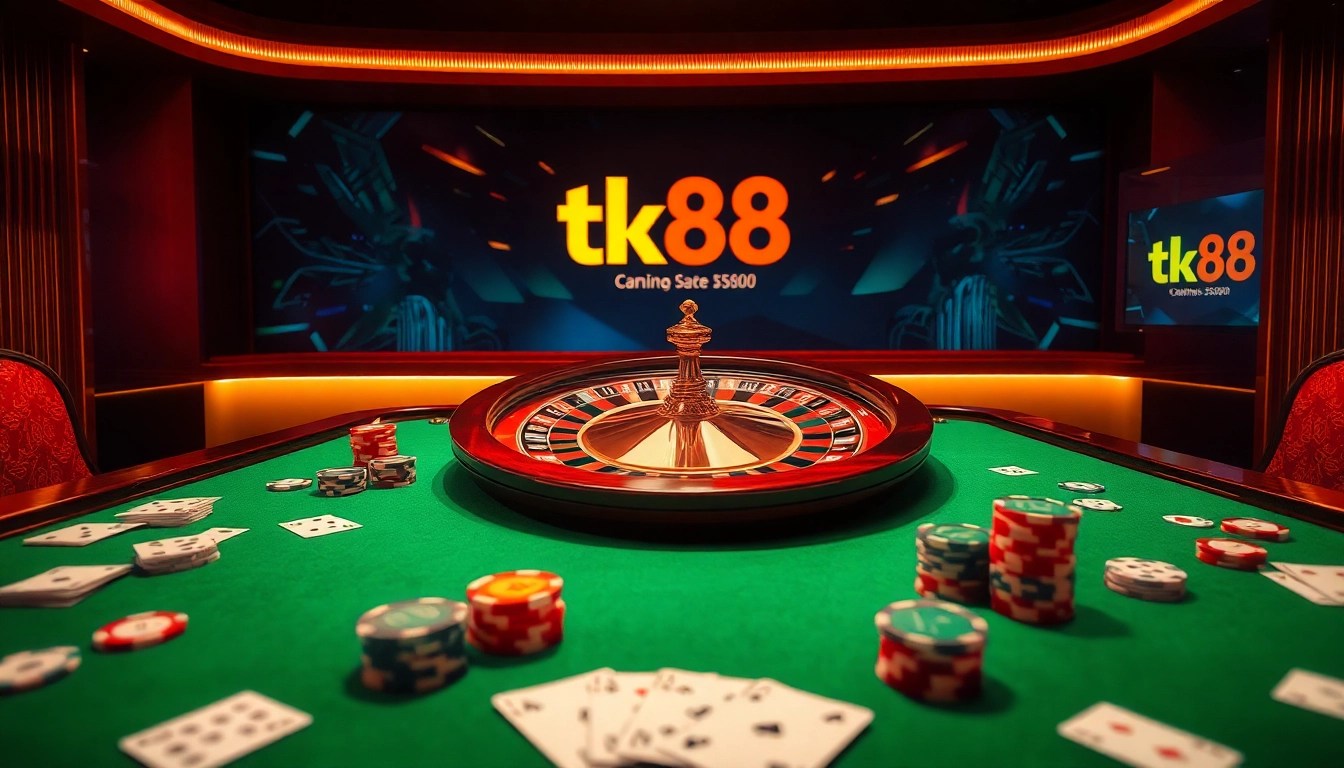 Experience an exciting poker game at tk88, with vibrant chips and cards creating an engaging atmosphere.