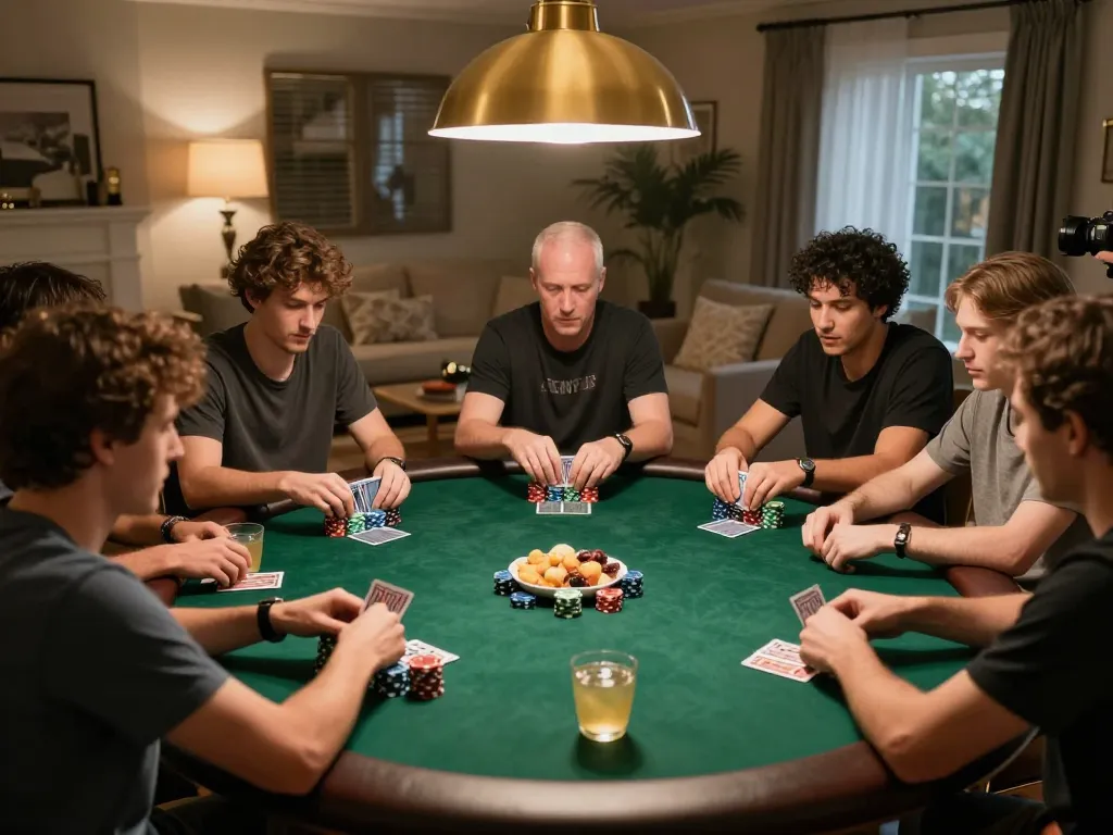Players strategizing in a high-stakes poker game at home; 789WIN highlights competitive spirit.