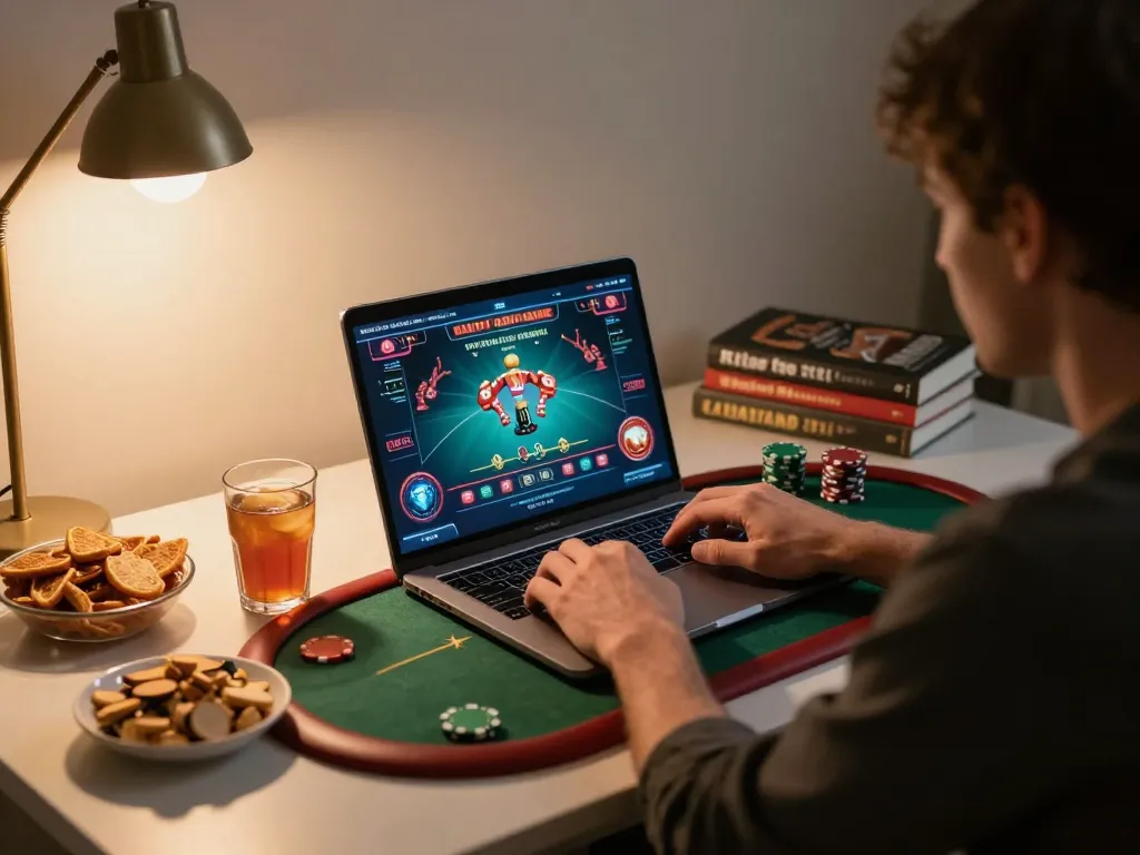 This player enjoys online poker at https://go8.agency/ with a captivating screen display and cozy home setting.