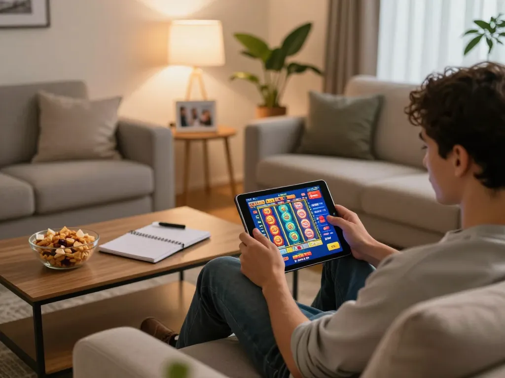 mu88 player enjoying a colorful slot game on a tablet in a cozy living room