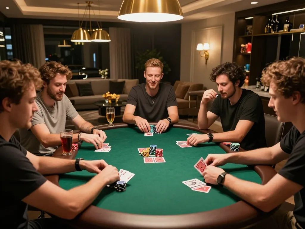 A group enjoying a poker game at home, highlighting kkwin's engaging gaming experience with friends and drinks
