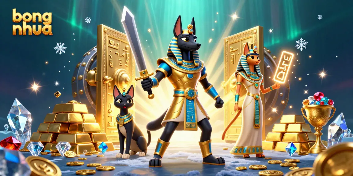 Experience the thrill of winning at bong nhua with Anubis and Bastet among treasure and gems.