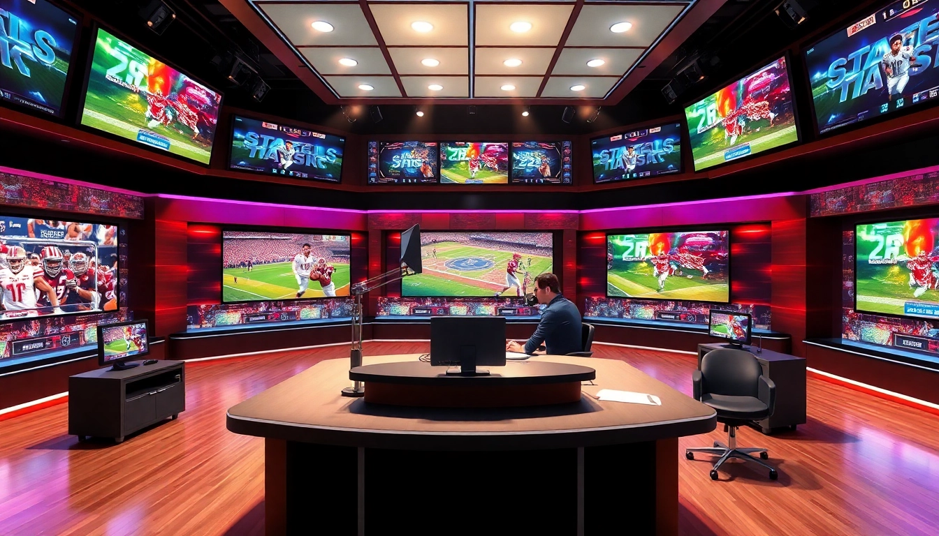 Engaging scene of sports broadcasting with vibrant studio setup and commentator.
