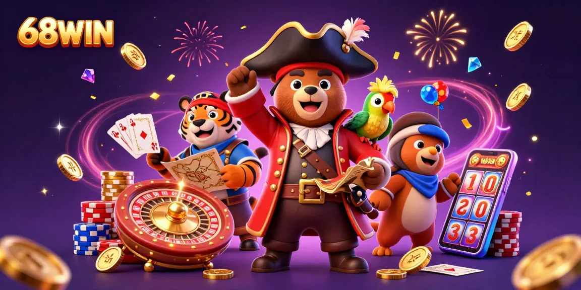 Experience dynamic gameplay with 68WIN in a vibrant casino scene featuring a pirate bear and treasures.