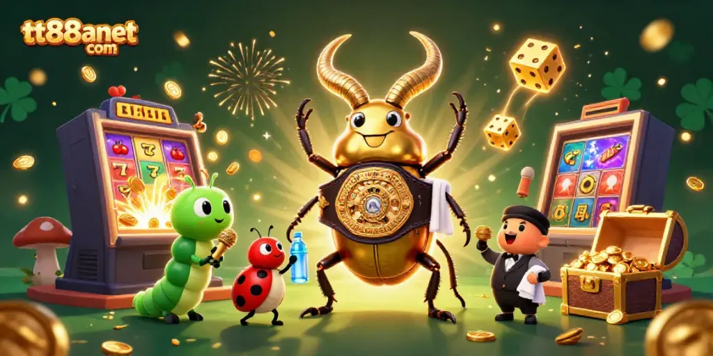 Spin to win with tt88anet com's 3D illustration of a casino showdown featuring a champion beetle!