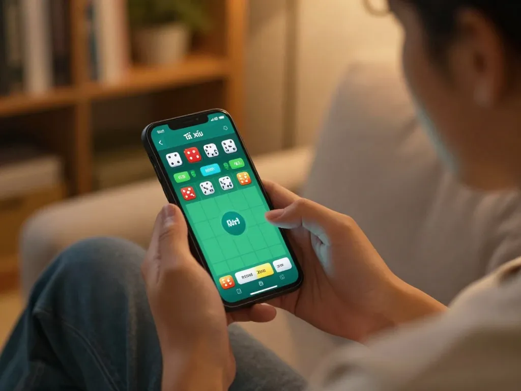 Engaging gameplay on the app tài xỉu online on a smartphone in a cozy home setting.
