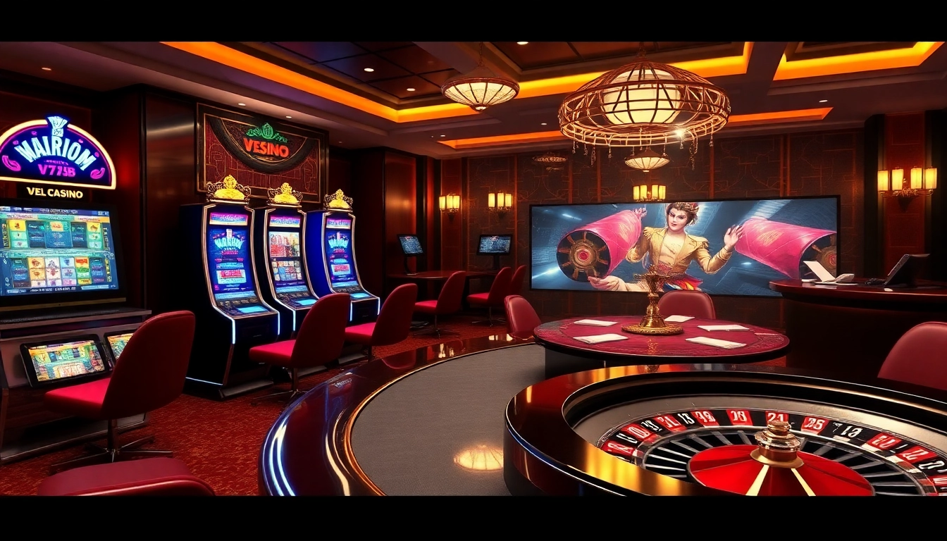 Players engaging with V7SB.com online casino features like poker tables and vibrant slot machines.