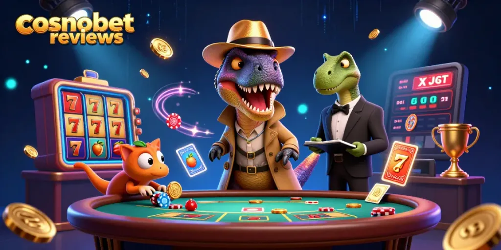 Engage in thrilling casino activities with Cosmobet reviews featuring cartoon dinosaurs in a vibrant scene.