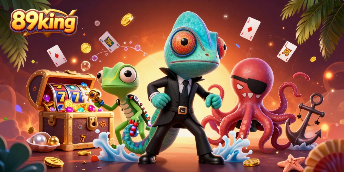 Spin to win with 89king in this vibrant casino scene featuring slot reels and colorful treasures.