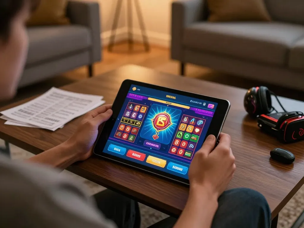 Engaging online gambling with O8 HAIR interface displayed on tablet during cozy home gaming.