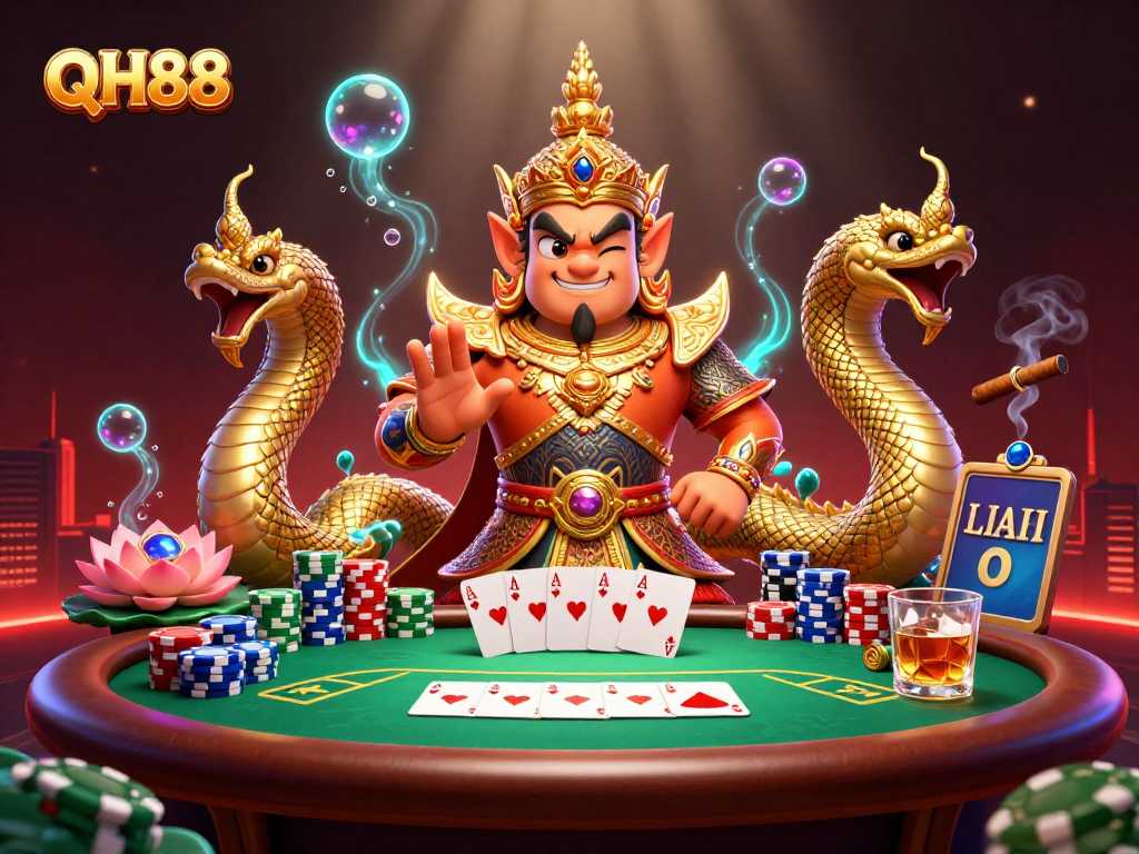 Experience the thrill of QH88 poker action with vibrant guardian characters and dynamic casino elements.