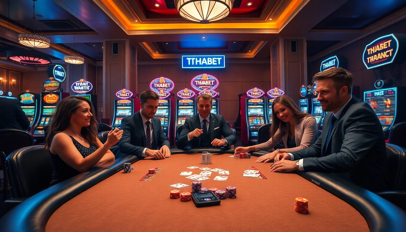 Players enjoy a thrilling game at THABET casino, showcasing vibrant poker chips and engaging slot machines.