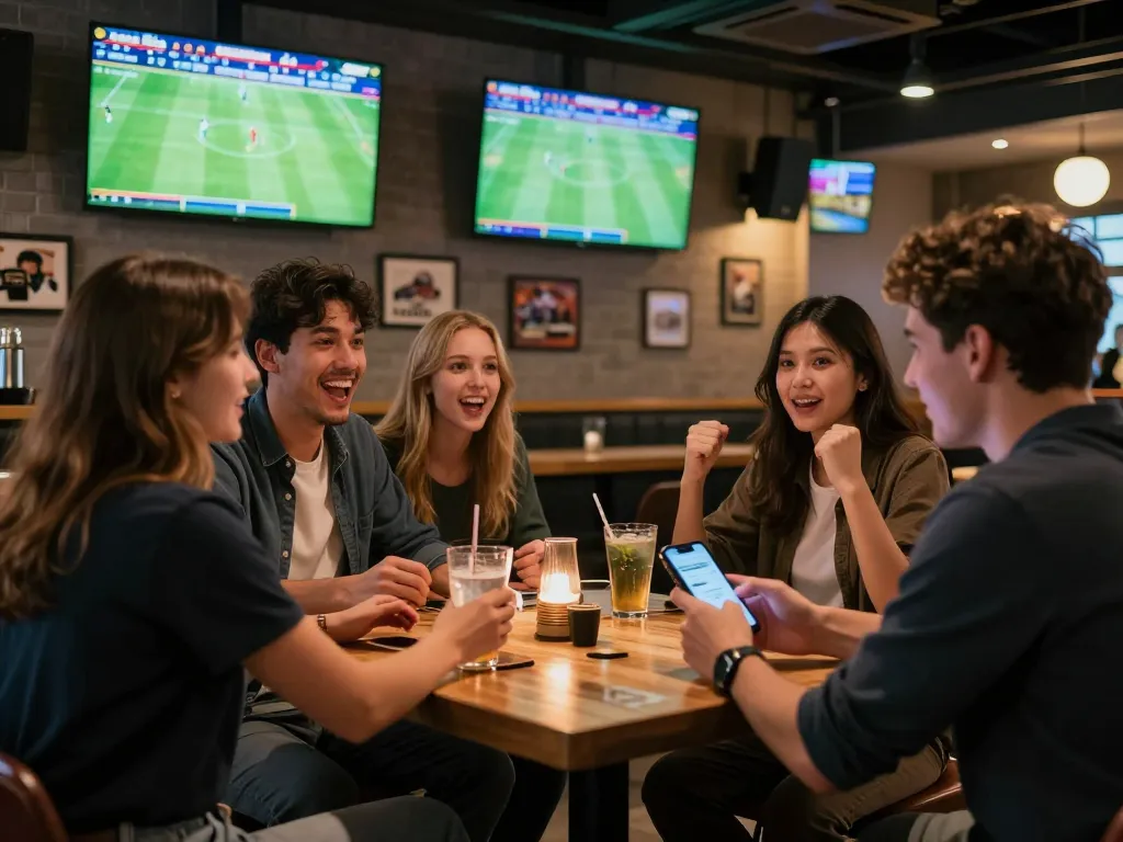 Engaged sports bettors using keonhacai app in a lively bar during live soccer matches