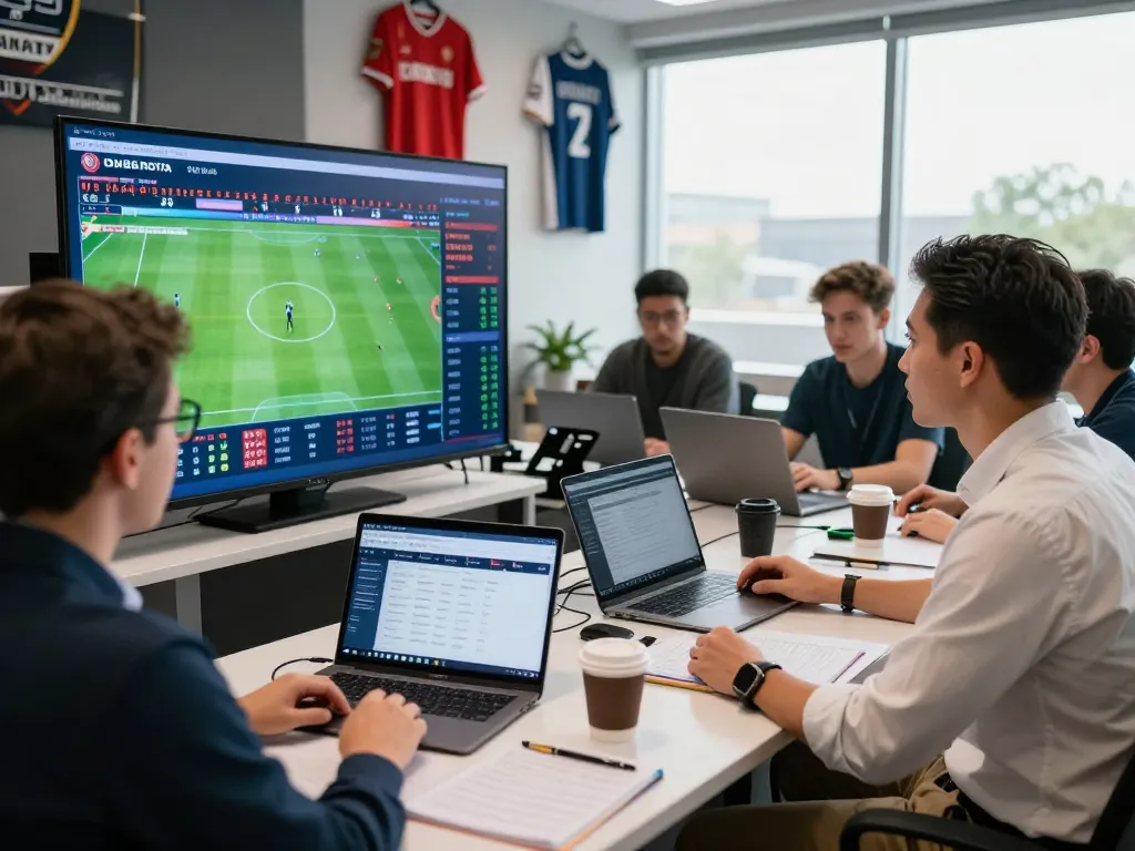 Real-time tỷ lệ kèo bóng đá analysis in a modern betting studio.