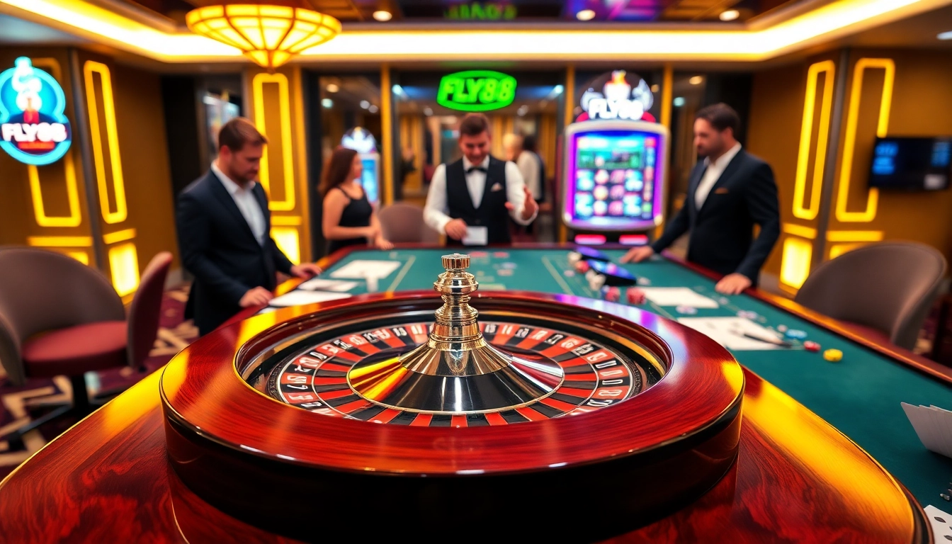 FLY88 casino table with poker chips and roulette wheel showcasing high-stakes gambling excitement.