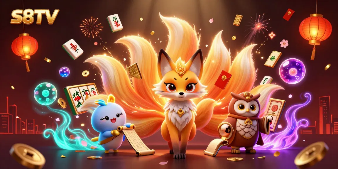 S8TV presents a vibrant gambling scene with a nine-tailed fox, owl sage, and slot reels for excitement.