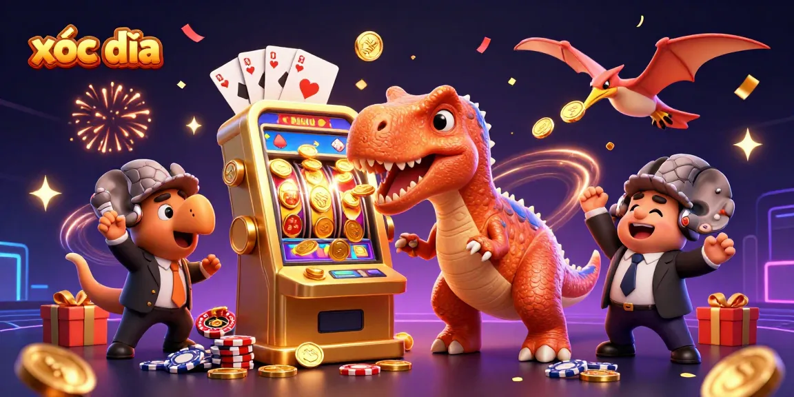Experience the thrilling game of xóc đĩa as a pachycephalosaurus plays a slot machine, coins fly everywhere.