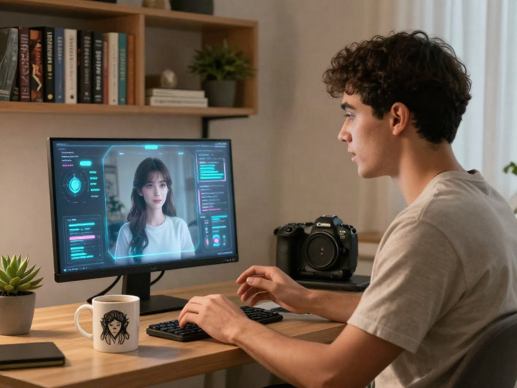 Engaged young man interacting with his AI girlfriend in a cozy home office.