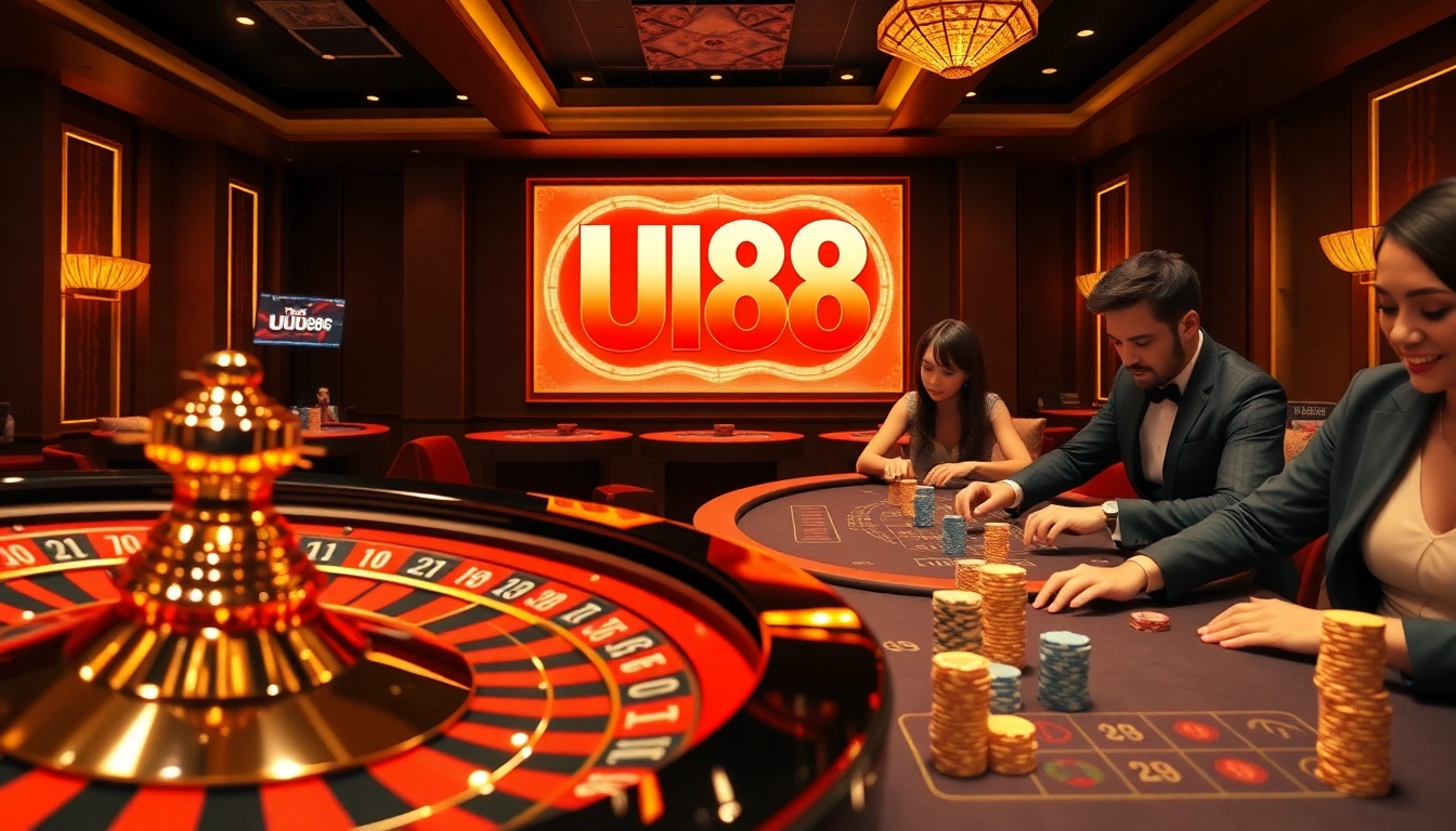 Players enjoying games at UU88 casino, showcasing poker chips and a luxurious roulette wheel.