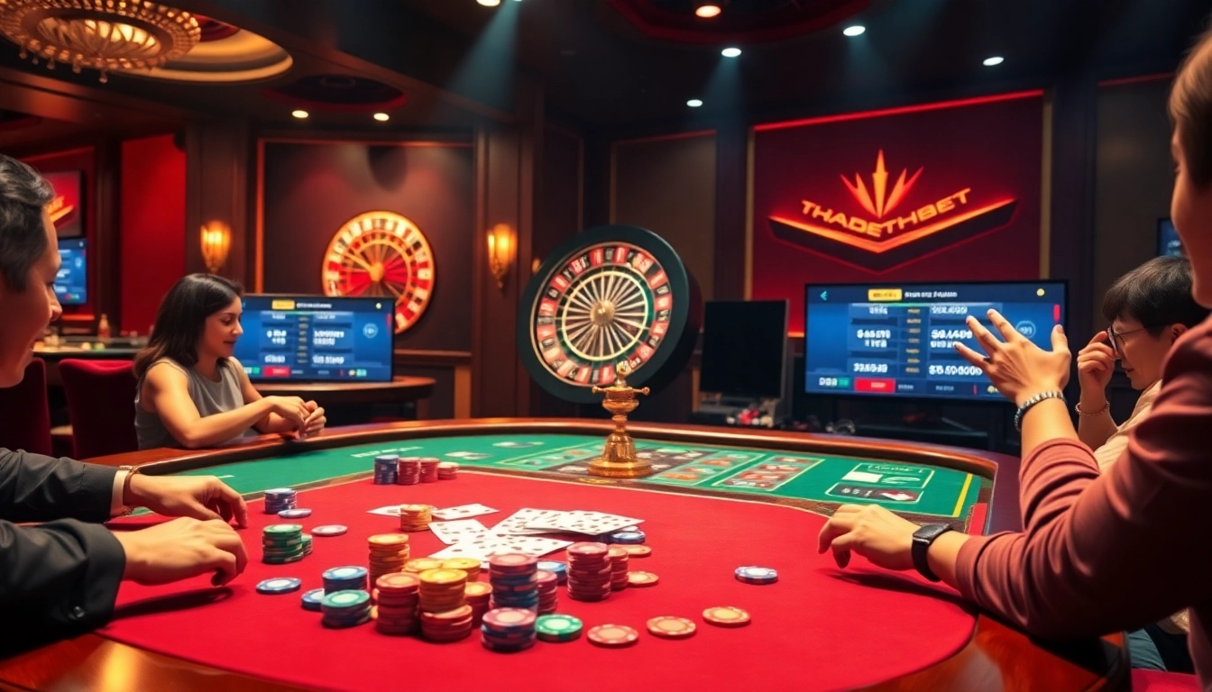 Experience thrilling gameplay at thabet casino with vibrant poker chips, cards, and a roulette wheel.