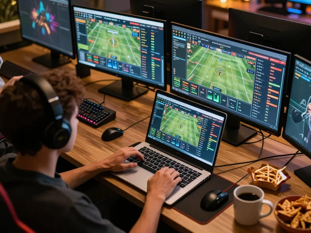 KQBD user strategizing sports bets on multiple screens in a cozy home gaming setup.