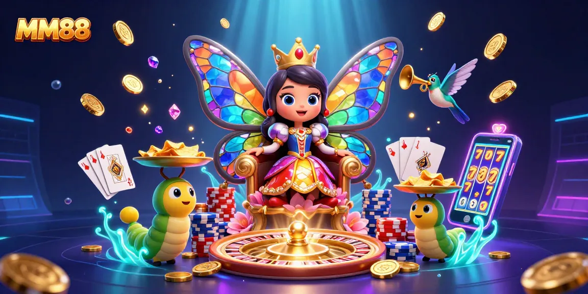 Engage with MM88's vibrant casino atmosphere featuring a butterfly queen and playful elements.